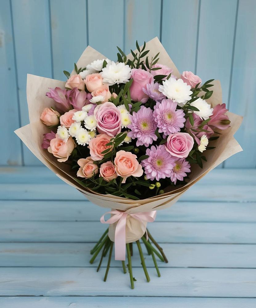 Букет цветов из: Хризантемы, Розы и Альстромерии в Горном Новосибирской области