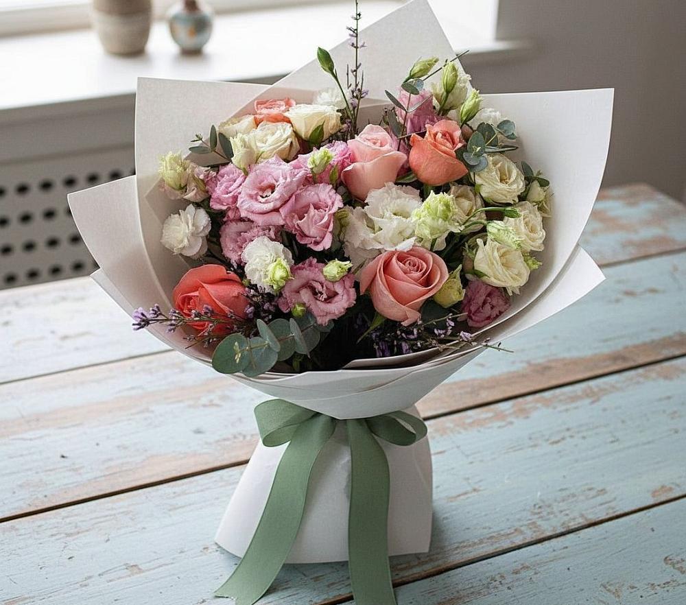 Букет цветов из: Розы, Лизиантусы и Гвоздики в Горном Новосибирской области