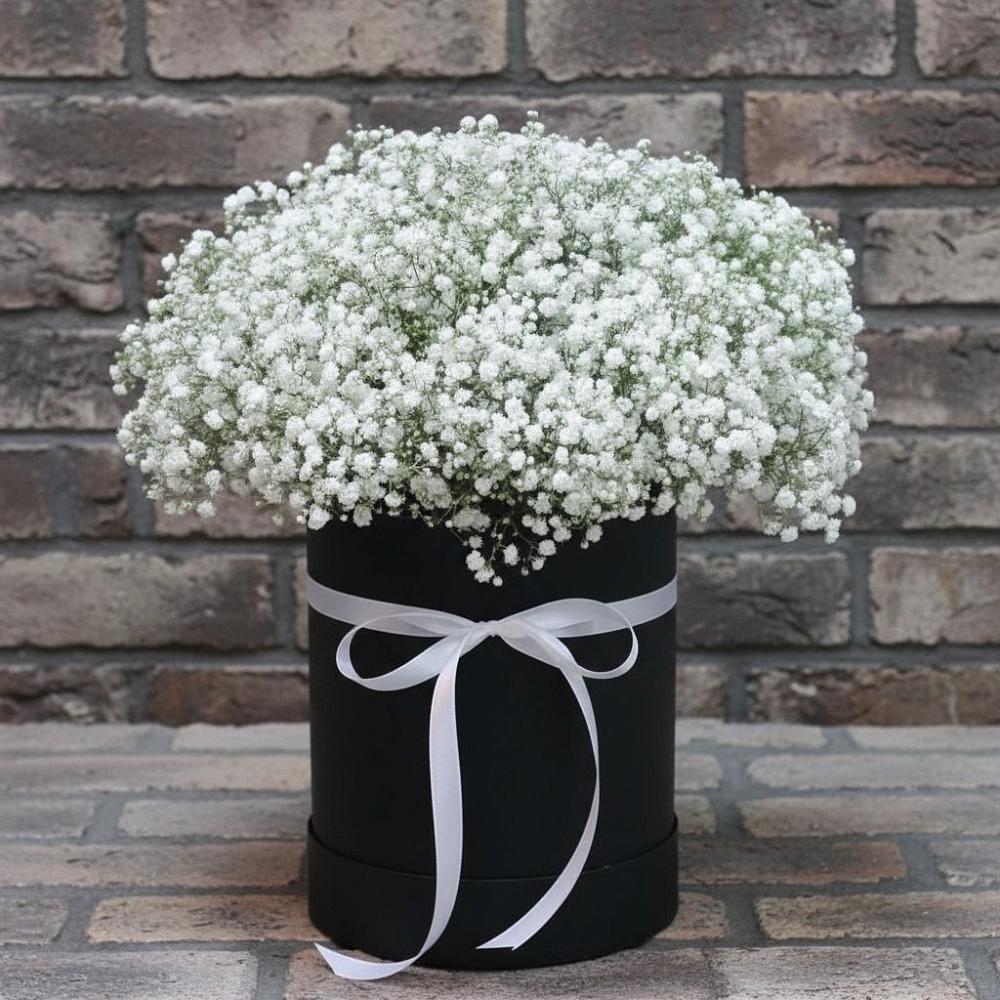 Цветочная композиция из Гипсофила в шляпной коробке в Горном Новосибирской области