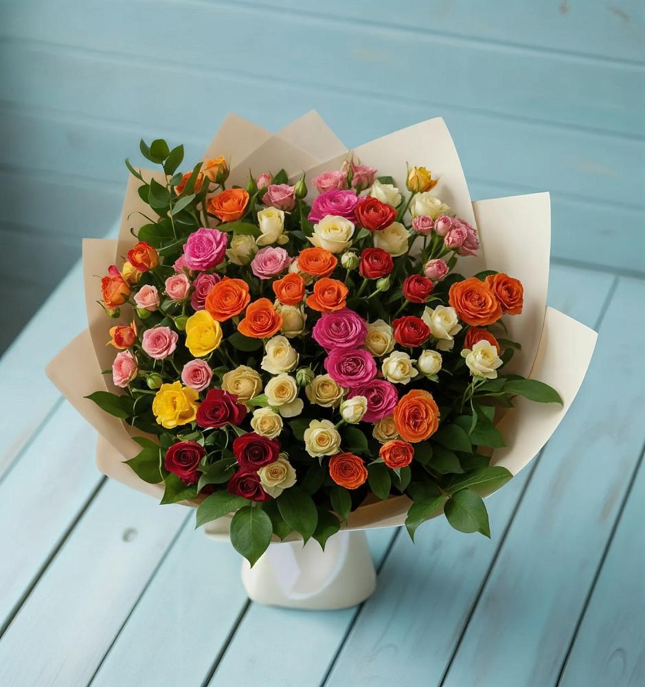 Букет Микс из разноцветных кустовых роз в Горном Новосибирской области