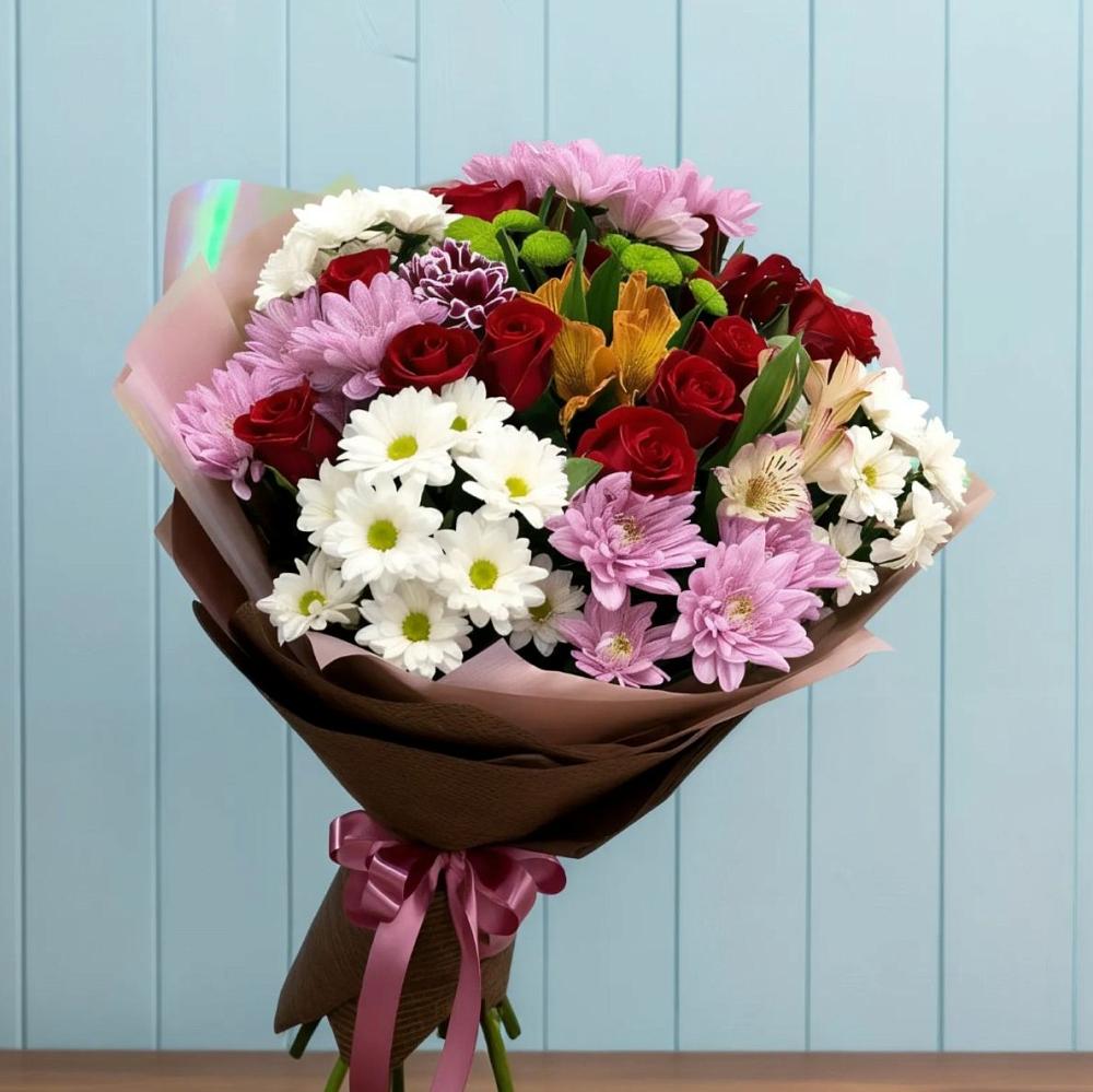 Букет цветов из: Розы, Хризантемы и Альстромерии в Горном Новосибирской области